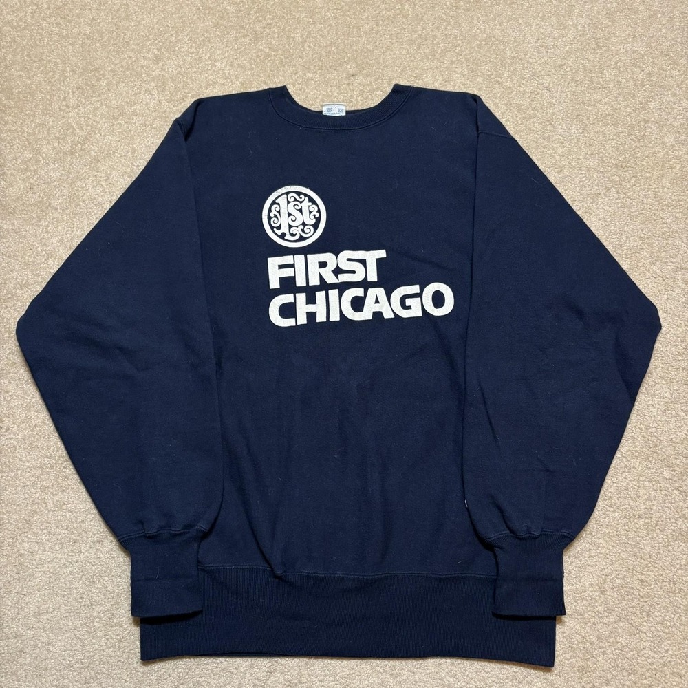 Vtg‎ 90s Champion Reverse Weave Sweatshirt First Chicago Bank Mens XL Navy Crew
